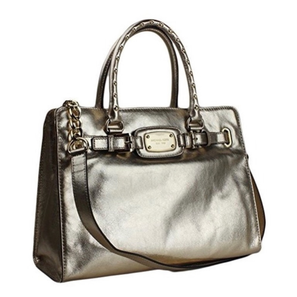 Michael Kors Hamilton Satchel Leather Metallic Silver